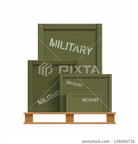Military cargo. Green wooden boxes with weapons Military cargo. Green wooden boxes with weapons 126888716