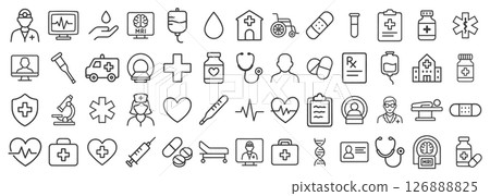 Healthcare hand drawn style icon symbol set. Medical Line Drawing icons collection. Hospital doctor logo pack. Vector illustration image. Isolated on white background. Healthcare hand drawn style icon symbol set. Medical Line Drawing icons collection. Hospital doctor logo pack. Vector illustration image. Isolated on white background. 126888825
