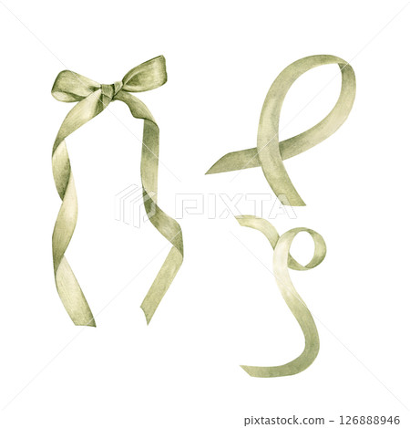 Set of green ribbons bow, loop, and curl. Hand-painted watercolor illustration isolated on white. Perfect for cancer awareness, wedding stationery, eco branding, health campaigns, charity designs 126888946