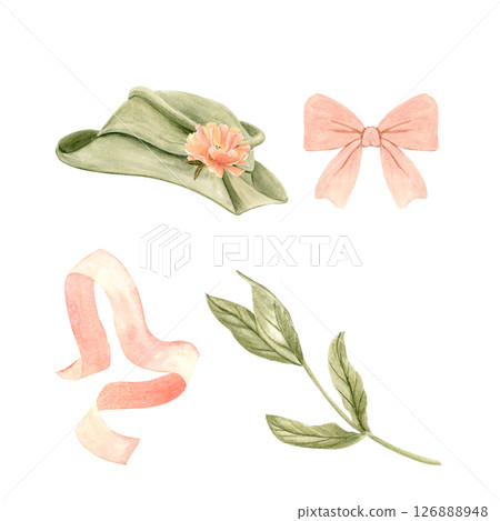 Green hat, pink bow, ribbon, and leafy twig watercolor clipart set isolated on white. Hand-painted in soft tones. Ideal for branding, packaging, wedding designs, boutique or handmade product visuals 126888948