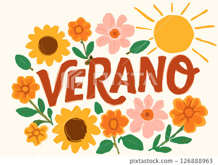 Summer poster in childish naive style. Word summer in spanish language surrounded with flowers under sun 126888963