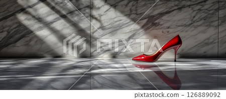 Glamorous red high heel shoe on polished marble surface with shadows 126889092
