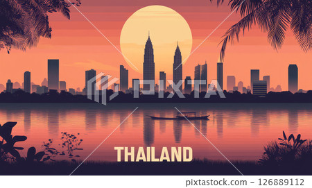 Thailand skyline at sunset with reflection on water, vibrant colors and silhouettes evoke sense of tranquility and adventure 126889112
