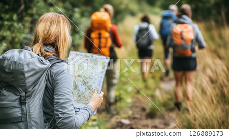 group of hikers exploring nature with map in hand, enjoying outdoors 126889173