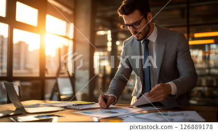 businessman evaluating sustainability in modern office setting, focused on documents and charts 126889178
