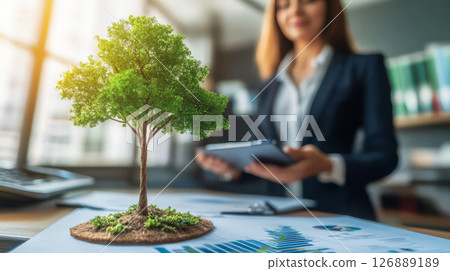 Businesswoman presenting green business model with tree on desk Businesswoman presenting green business model with tree on desk 126889189