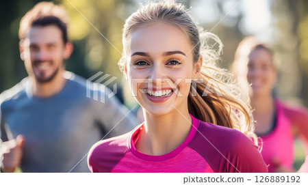 Cheerful woman running outdoors with friends, enjoying fitness together 126889192
