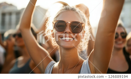 Cheerful woman smiling at outdoor event, wearing sunglasses and enjoying life 126889194