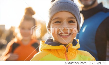 Cheerful child in bright jacket smiling outdoors with family 126889195