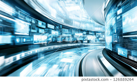 Futuristic digital marketplace with glowing screens and data displays 126889264