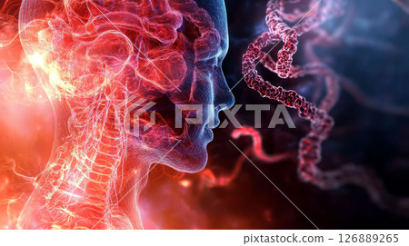 Abstract representation of human anatomy with glowing neural pathways and DNA strands, showcasing innovative medical 126889265