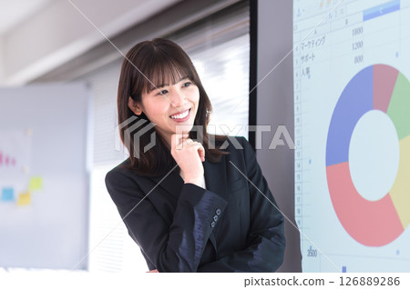 穿著西裝的年輕男女確認示範內容 穿著西裝的年輕男女確認示範內容 126889286