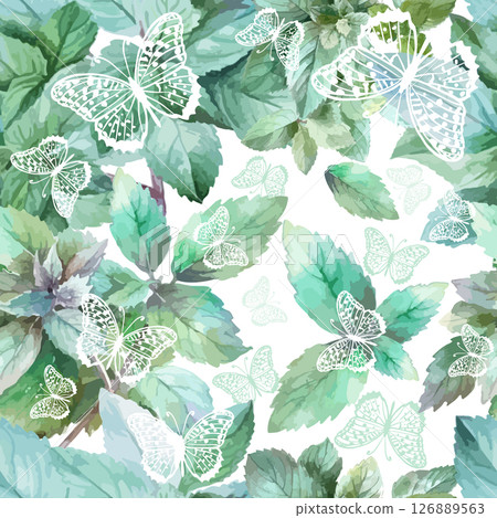 Seamless background mint and butterflies. hand drawn. Not AI, Vector illustration 126889563