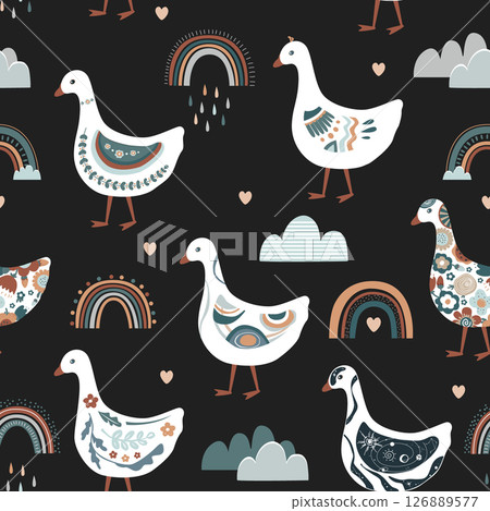 Cute abstract painted cartoon geese and rainbows seamless pattern. Doodle patterned goose collection. Rustic, nursery, folk, or Scandinavian style. Vector background. 126889577