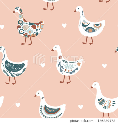 Cute abstract painted cartoon geese seamless pattern. Doodle patterned goose collection. Rustic, nursery, folk, or Scandinavian style. Vector background Cute abstract painted cartoon geese seamless pattern. Doodle patterned goose collection. Rustic, nursery, folk, or Scandinavian style. Vector background 126889578