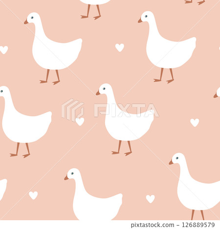 Cute and delicate seamless nursery pattern with geese and hearts. Pink background. Vector illustration 126889579