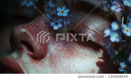 Close-up portrait of young woman with flowers highlighting natural beauty and freckled skin 126889644