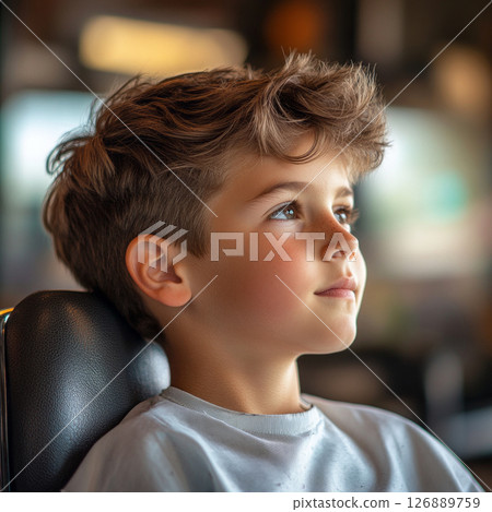 Young male sits in profile at a modern barber shop, preparing for a haircut. Bright lighting and a cozy atmosphere enhance the experience of grooming 126889759