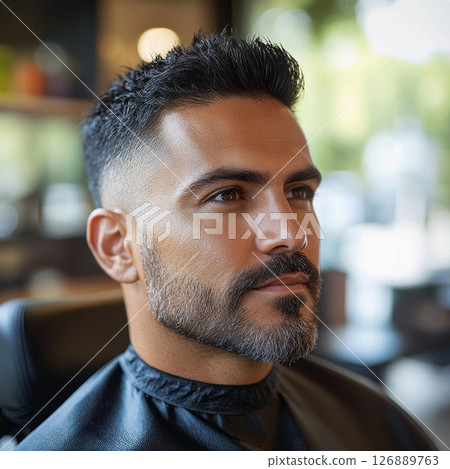 A Hispanic man sits in a barber shop, focused on the haircut process. Sunlight streams in, highlighting his profile as he prepares for a stylish transformation 126889763