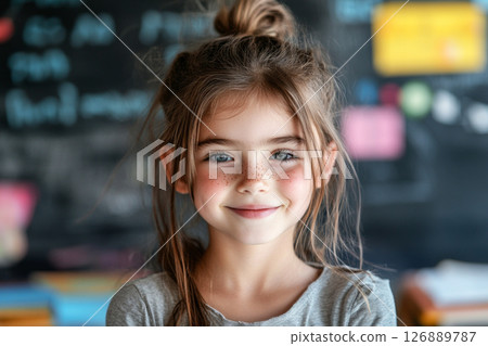 A young girl stands in a classroom, smiling cheerfully. She has long hair pulled back, wearing a cozy sweater. Colorful notes decorate the blackboard behind her 126889787