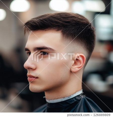 A young European man in profile sits in a barber shop chair as he receives a stylish haircut A young European man in profile sits in a barber shop chair as he receives a stylish haircut 126889809