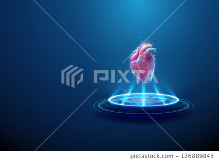 Heart on futuristic podium with neon lighting, light beams. Cardiology, artificial heart, medical technology, biotech innovation, digital health concept. 126889843