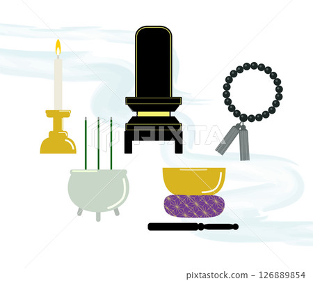 Illustration of a set of Buddhist altar implements 126889854