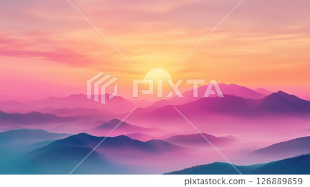Serene sunrise over misty mountains with vibrant colors for tranquil meditation background 126889859