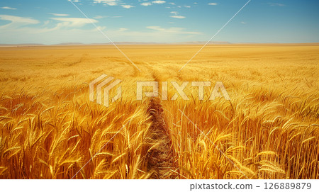 Field of golden wheat with a path through it, clear blue sky, and shining sun Field of golden wheat with a path through it, clear blue sky, and shining sun 126889879