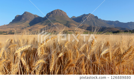 Wheat ears with a scenic field and mountains landscape on a sunny day 126889880