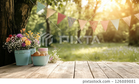 Rustic spring or summer party scene with colorful flowers and bunting in sunlit garden Rustic spring or summer party scene with colorful flowers and bunting in sunlit garden 126889881