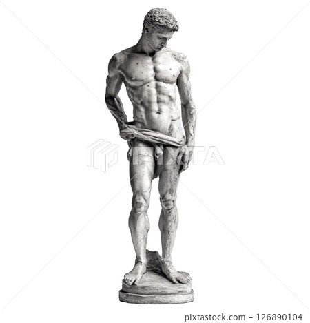 Full body statue of a naked young man slightly draped with a cloth, looking down. 126890104
