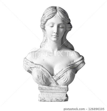 Plaster bust of a young woman with closed eyes and long hair, draped in a dress, exuding a serene, classic beauty. Plaster bust of a young woman with closed eyes and long hair, draped in a dress, exuding a serene, classic beauty. 126890105