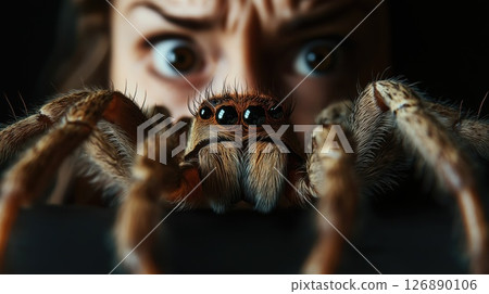 Woman experiencing arachnophobia, observing a large spider approaching her 126890106