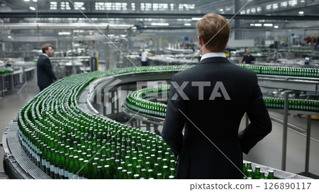 Businessman supervising production line of green glass bottles in beverage factory 126890117