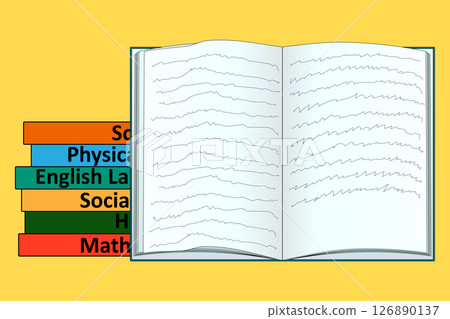Vector illustration of a open notebook with handwritten text and stacked colorful school textbooks with inscriptions for lessons on school subjects on a yellow background. For back to school concept. Vector illustration of a open notebook with handwritten text and stacked colorful school textbooks with inscriptions for lessons on school subjects on a yellow background. For back to school concept. 126890137