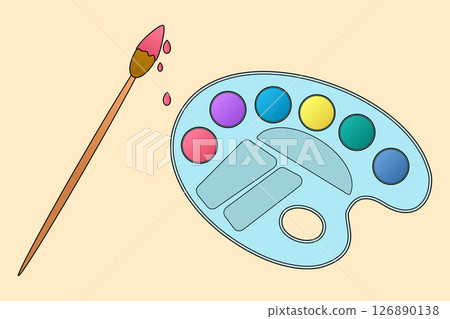Paintbrush with dripping paint and artist palette with vibrant colors on beige background. For back to school stationery, school art supplies concept, education and educational theme, classroom decor. 126890138