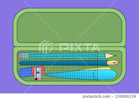 Illustration of pencil case with classic sharpened pencil, fountain pen, sharpener, and eraser on purple background. For back to school or office stationery tools, education, and educational concept. 126890139