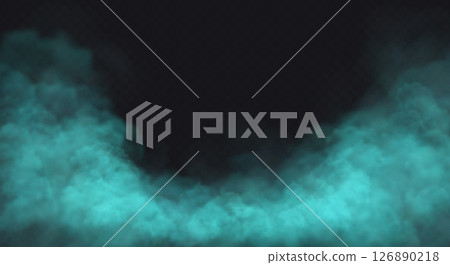 Blue smoke cloud on black transparent background. Fog vector effect. 126890218