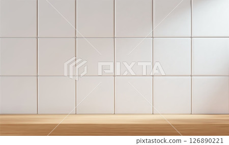 3d kitchen or bathroom scene with wood table and white tile background. Realistic room with shelf for product display. 126890221