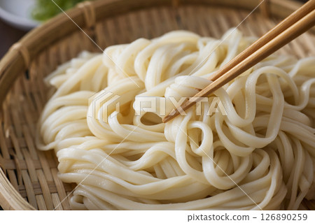 Udon noodles served in a colander Udon noodles served in a colander 126890259