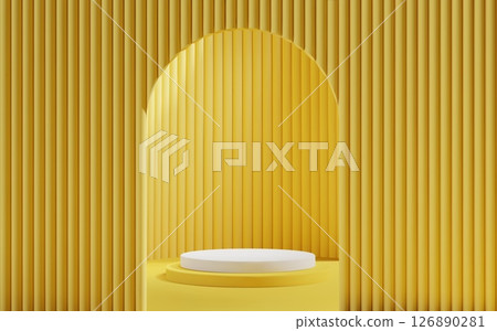 3d Yellow scene background with white podium and arch gate for product presentation. Abstract minimal mockup with cylinder platform and door. 3d Yellow scene background with white podium and arch gate for product presentation. Abstract minimal mockup with cylinder platform and door. 126890281