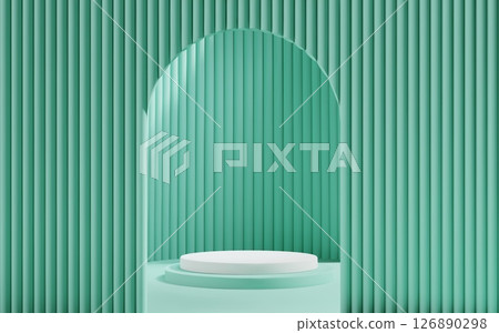3d Green scene background with white podium and arch gate for product presentation. Abstract minimal mockup with cylinder platform and door. 126890298