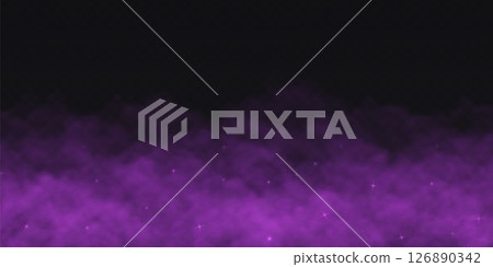 Purple smoke cloud on black transparent background. Fog vector effect. 126890342