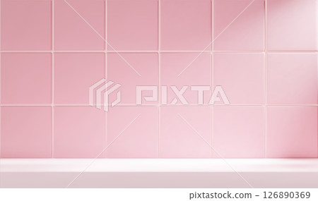 Pink 3d kitchen or bathroom scene with white table and tile background. Realistic room with shelf for product display 126890369
