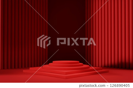3d red room background with podium and column. Product display with platform. Abstract geometric light scene. 126890405