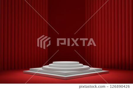 3d red room background with white podium and column. Product display with platform. Abstract geometric dark scene. 126890426