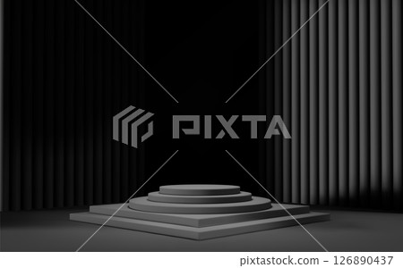 3d black room background with podium and column. Product display with platform. Abstract geometric light scene. 126890437
