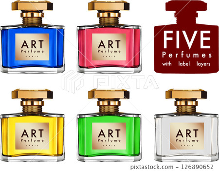 5-color perfume bottles with gold caps 126890652