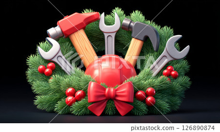 construction tools like hammer, wrench, and helmet arranged into a festive wreath. construction tools like hammer, wrench, and helmet arranged into a festive wreath. 126890874